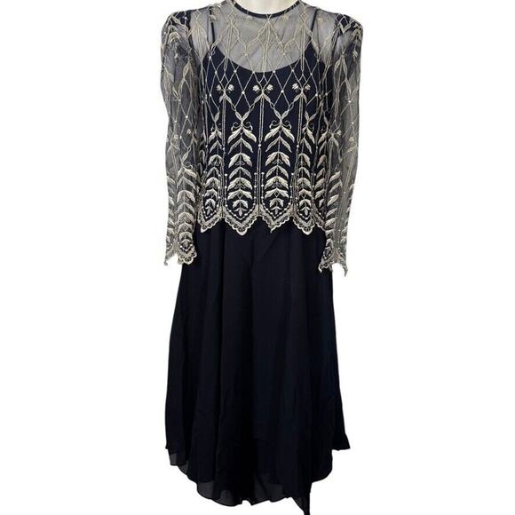Cachet Bari Protas Vintage Navy Sheer Puff Sleeve Sharkbite Whimsigoth Dress 6 - Picture 1 of 16